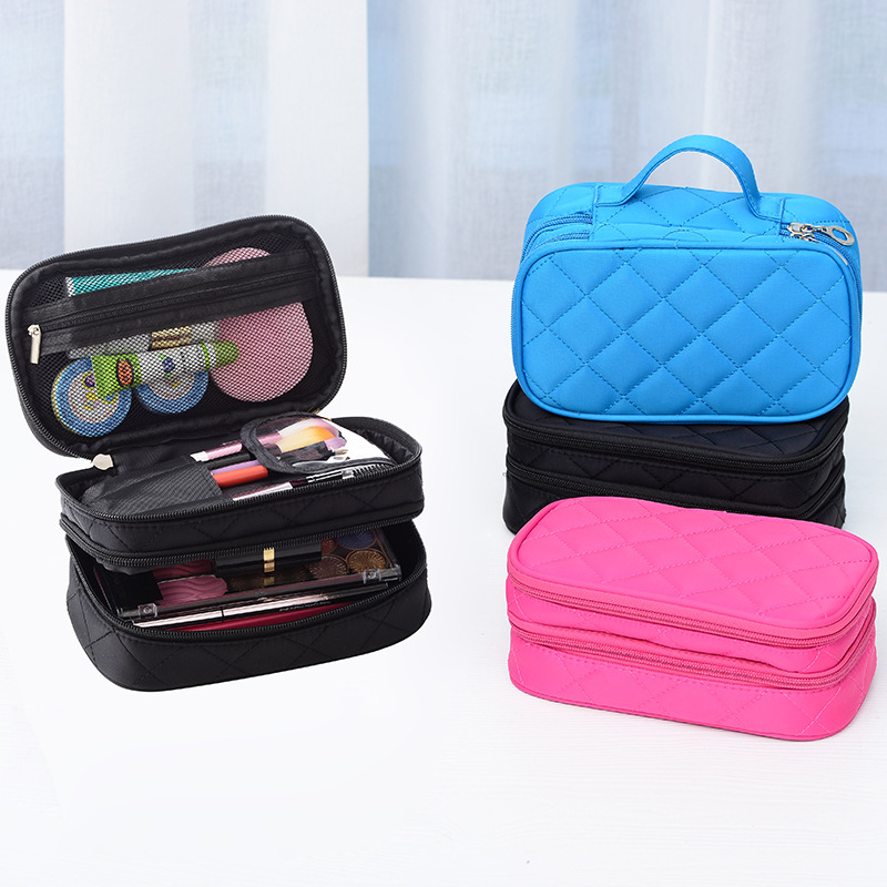 Korean-style makeup bag, portable large-capacity double-layer nylon waterproof hand-held cosmetics storage bag, travel makeup bag full figure