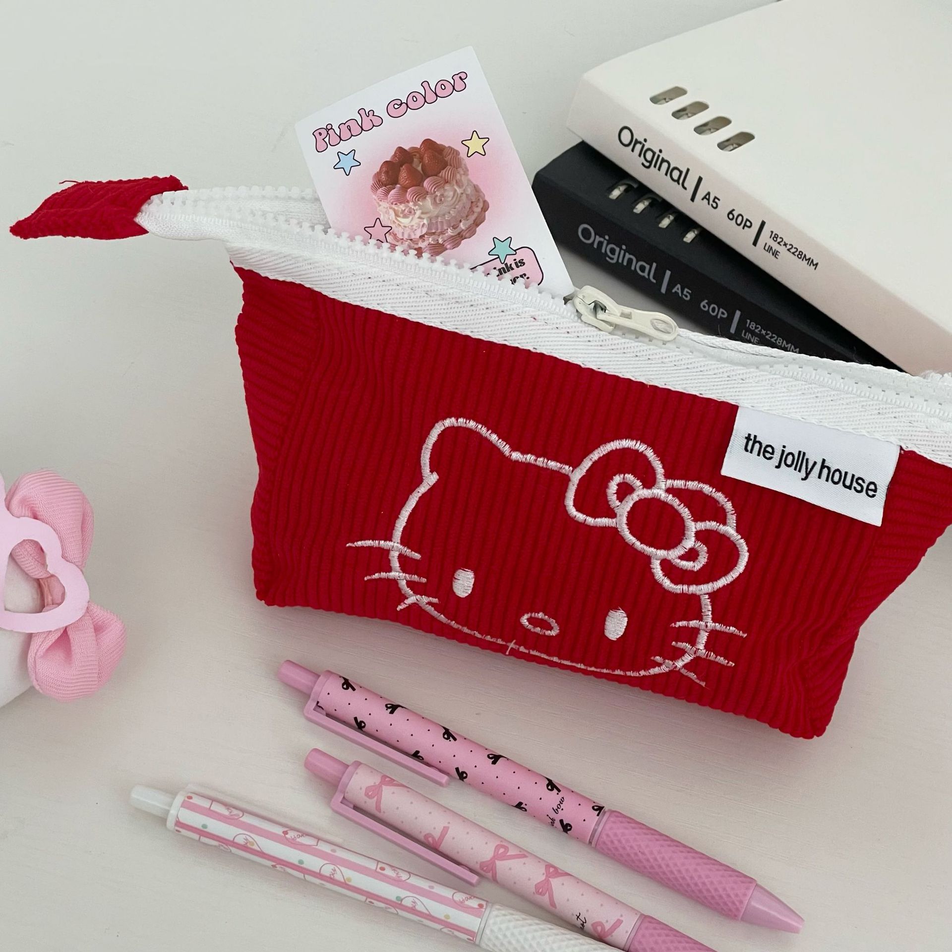High appearance level, cute girl pen case, ins corduroy, large capacity stationery box, student desktop stationery storage bag for girls details Picture