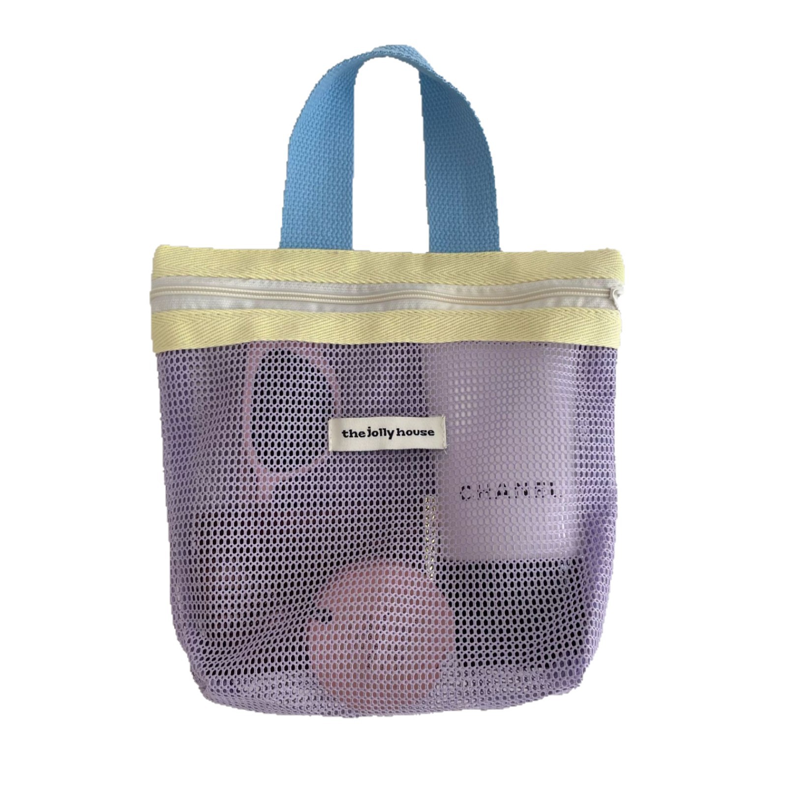 Dopamine mesh hand-held toiletry bag, summer makeup bag, portable breathable and water-draining storage bag for bathing, fitness and travel Item Picture