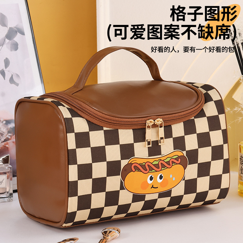 New cosmetic bag with high appearance level, large capacity for women, hot dog, checkered portable travel cosmetics, toiletry bag and storage bag full figure