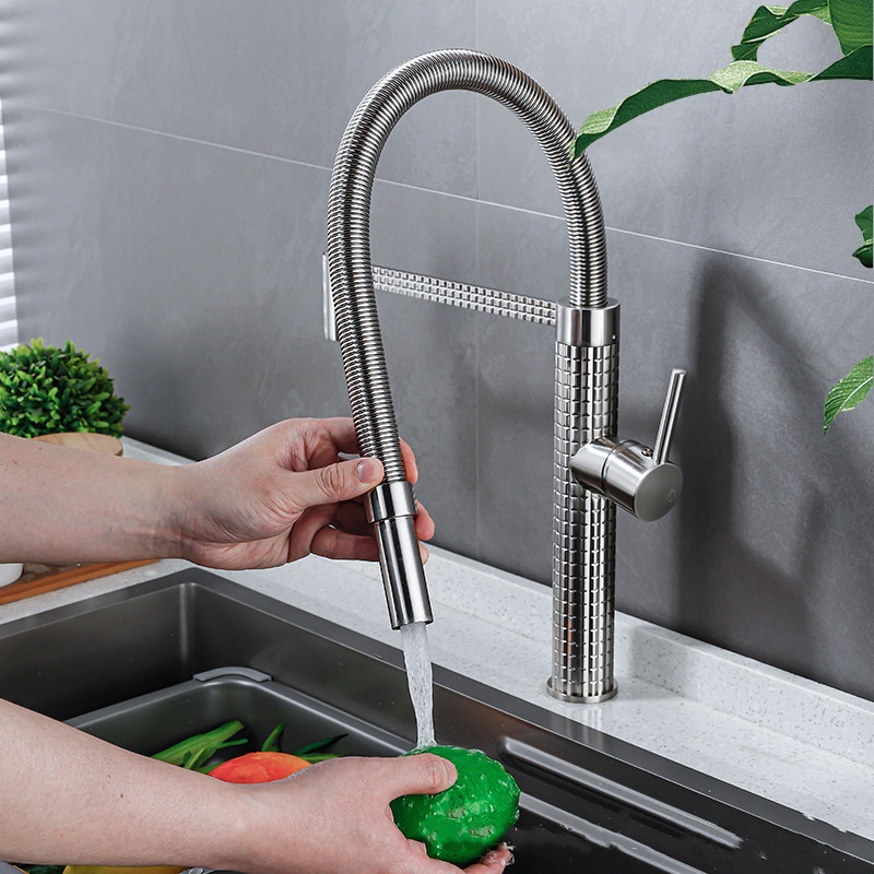 Kitchen carved spring faucet, household cold and hot high-end brass universal rotating pull-out telescopic sink Application Scenario