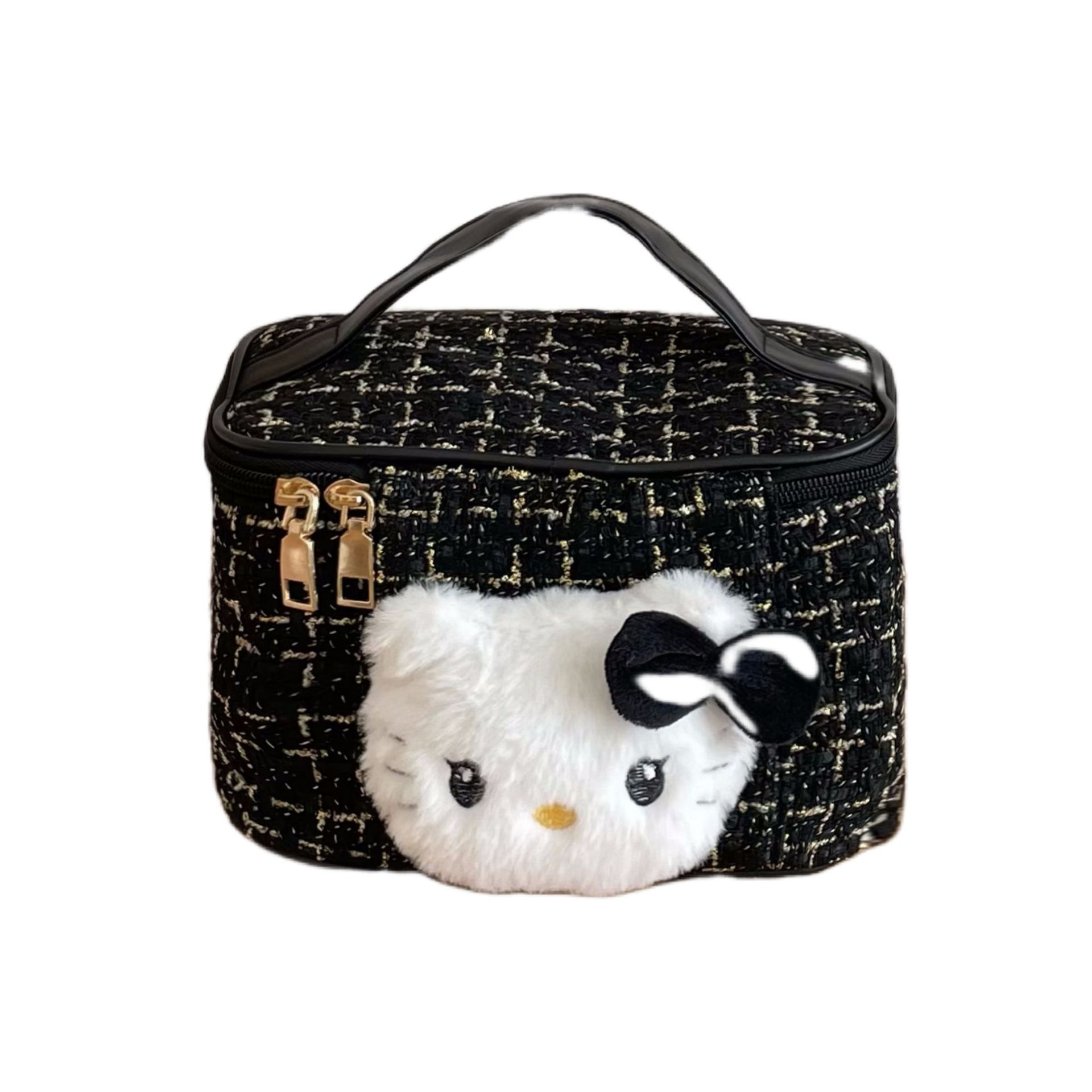 Little Chanel-style cartoon cat makeup bag, large-capacity portable hand-held cosmetics storage bag for women, travel toiletries bag Item Picture
