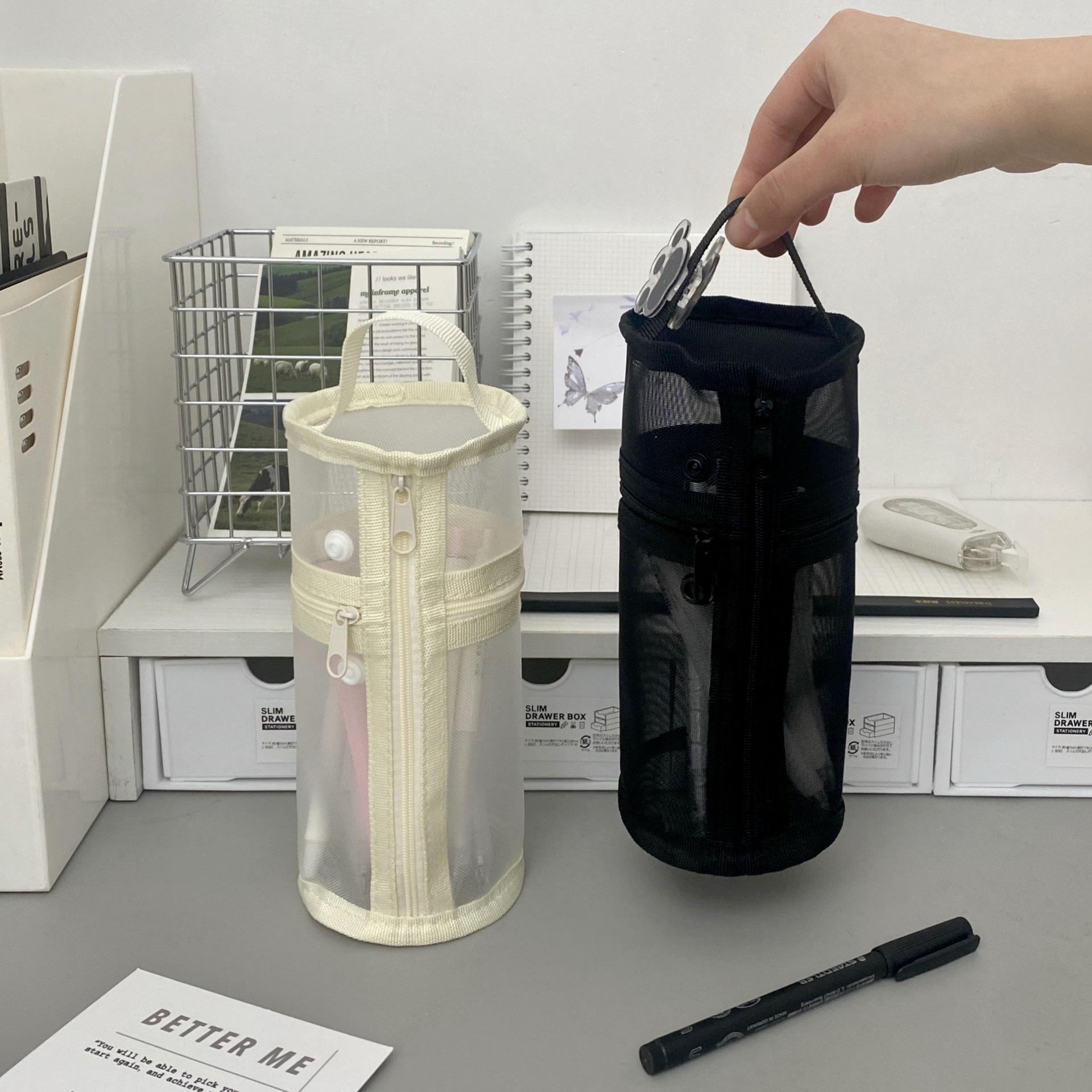 Simple pen holder and pen case, ins high appearance level cylindrical pencil case, student large capacity transparent mesh storage stationery box Specification drawing