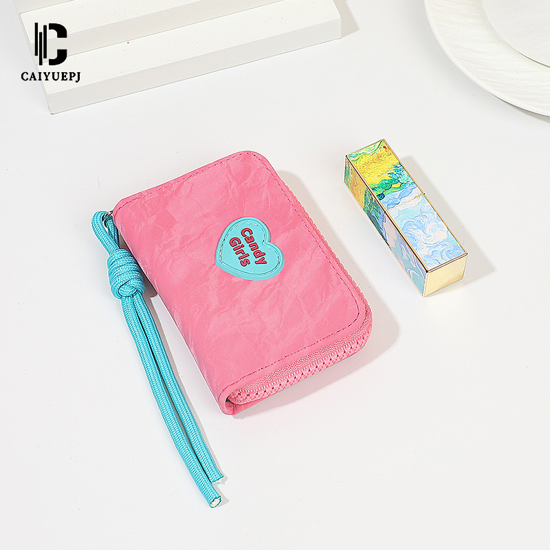 New cross-border short wallet, heart-shaped candy card case, zipper mini coin purse, INS lanyard organ card case details Picture