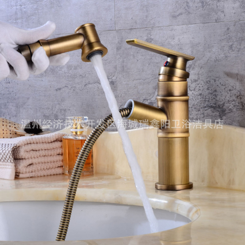 Antique-style bamboo joint pull-out faucet, cold and hot all-copper, retro undermount basin, washbasin, retractable washbasin, new Chinese style full figure