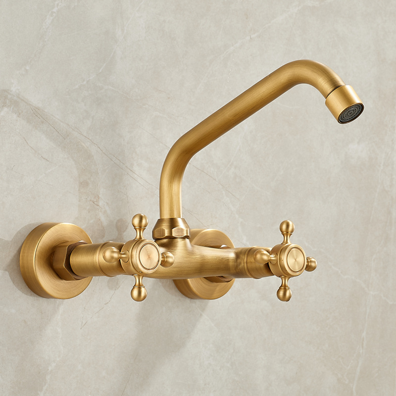 Antique copper-colored wall-mounted water outlet, all-copper antique wall-mounted hot and cold water rotatable, retro wall-mounted faucet full figure