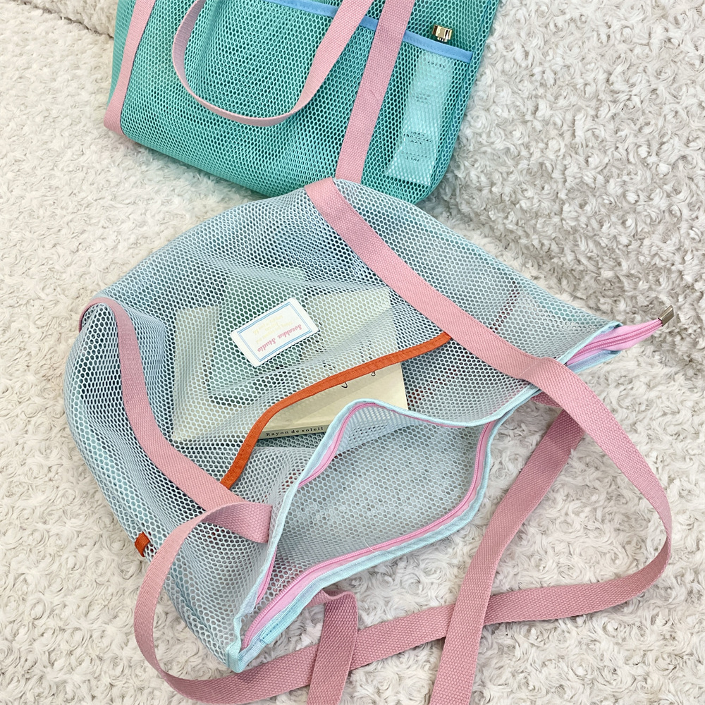 5454 Korean ins Beach Play mesh hollowed-out storage bag, large capacity single-shoulder bag, outdoor hand-held beach bag details Picture