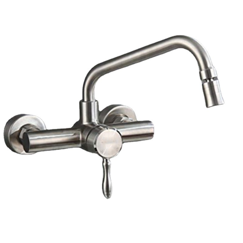 Wholesale 304 stainless steel wall-mounted single handle double hole 360-degree rotating hot and cold water sink faucet for kitchen Specification drawing