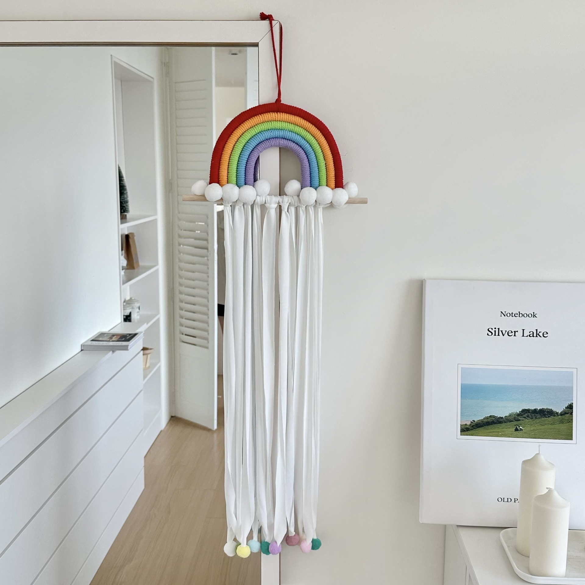 Rainbow tassel hair clip storage wonder, children's bedroom hairball knitting wall hanging hair clip, hair accessory organizing and dressing, wall decoration Specification drawing