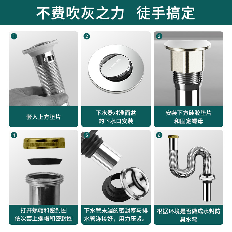 Washbasin, washbasin, sink, drain pipe, washbasin, washbasin, anti-odor and leakage plug, sink drainage accessories Application Scenario