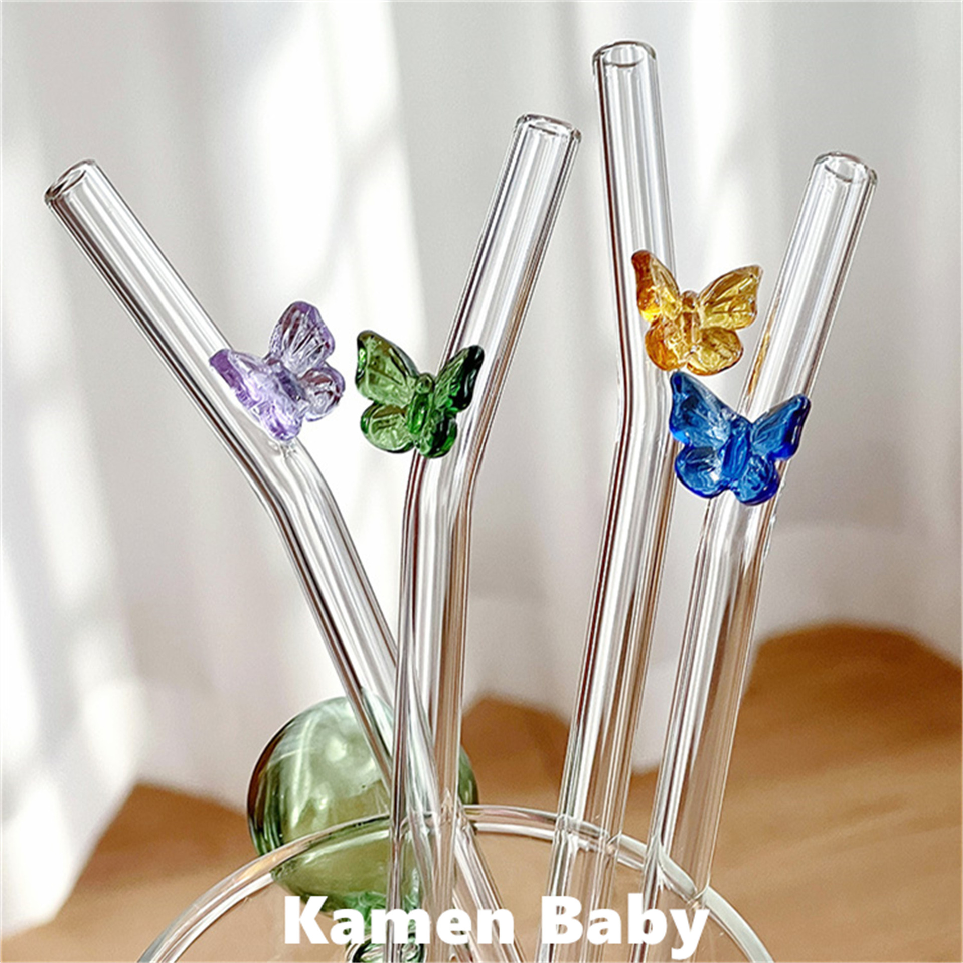 Three-dimensional colorful butterfly glass straws, high appearance level, ins style, girlish, heat-resistant milk coffee elbow straws full figure
