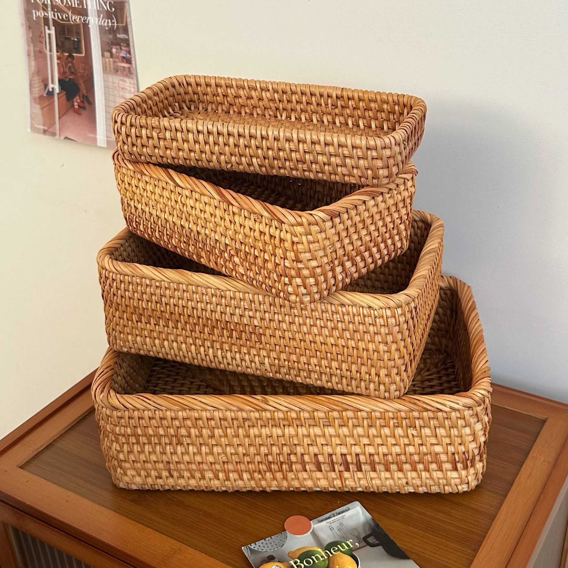 ins retro rattan storage basket, desktop coffee table, miscellaneous storage basket, cosmetics organization and storage basket, bamboo basket full figure
