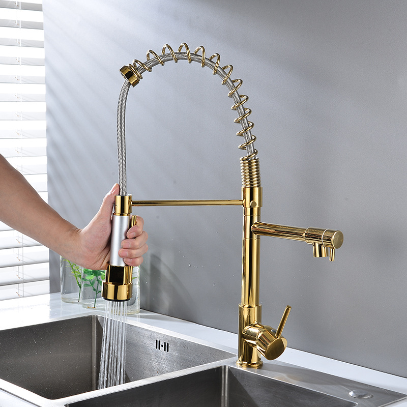 Cross-border spring pull-out kitchen faucet, hot and cold sink, dishwashing and vegetable basin, rotatable dual water outlet anti-splash faucet Specification drawing