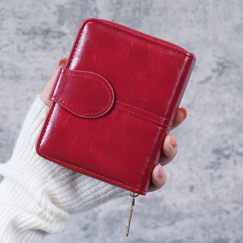 2023 Cross-border New short Wallet, women's oil wax leather retro coin purse, buckle coin case, women's small wallet full figure