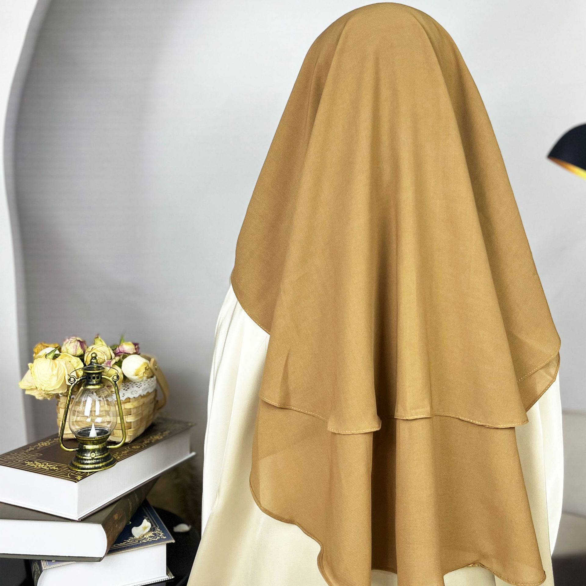 Cross-border Middle East headscarf, double-layer composite chiffon mesh mask, strap, women's fashion veil, in stock, Muslim headscarf, women's long style, European and American Item Picture