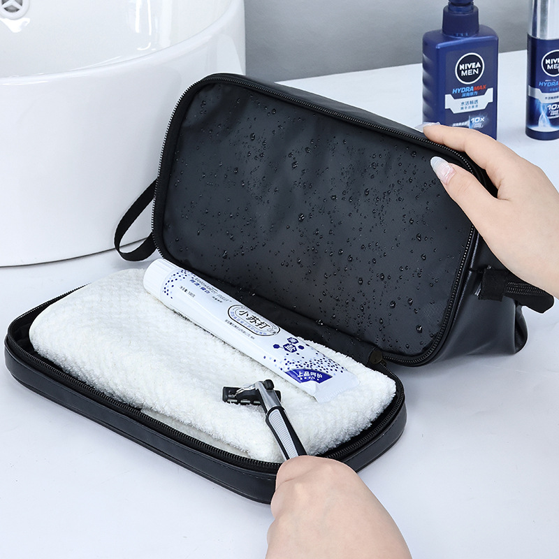Cross-border PU men's toiletries bag with British style, high appearance level, double-layer large-capacity portable hand-held cosmetics storage bag Specification drawing
