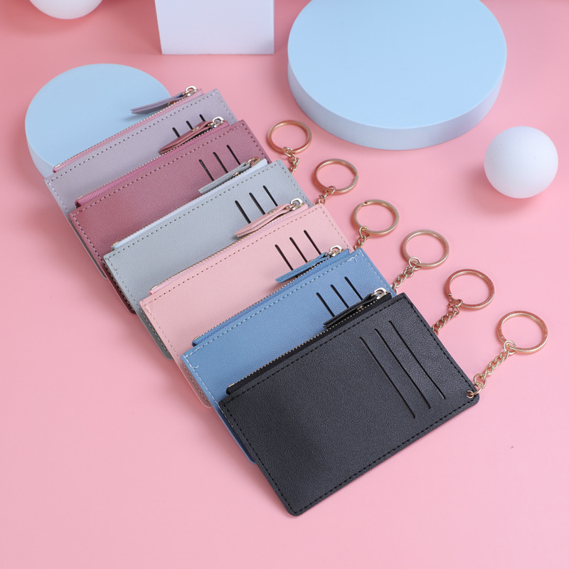 New card bag, women's bag, card holder, bus card case, zipper, coin bag, leather classic solid color, multiple card slots, fixed logo full figure