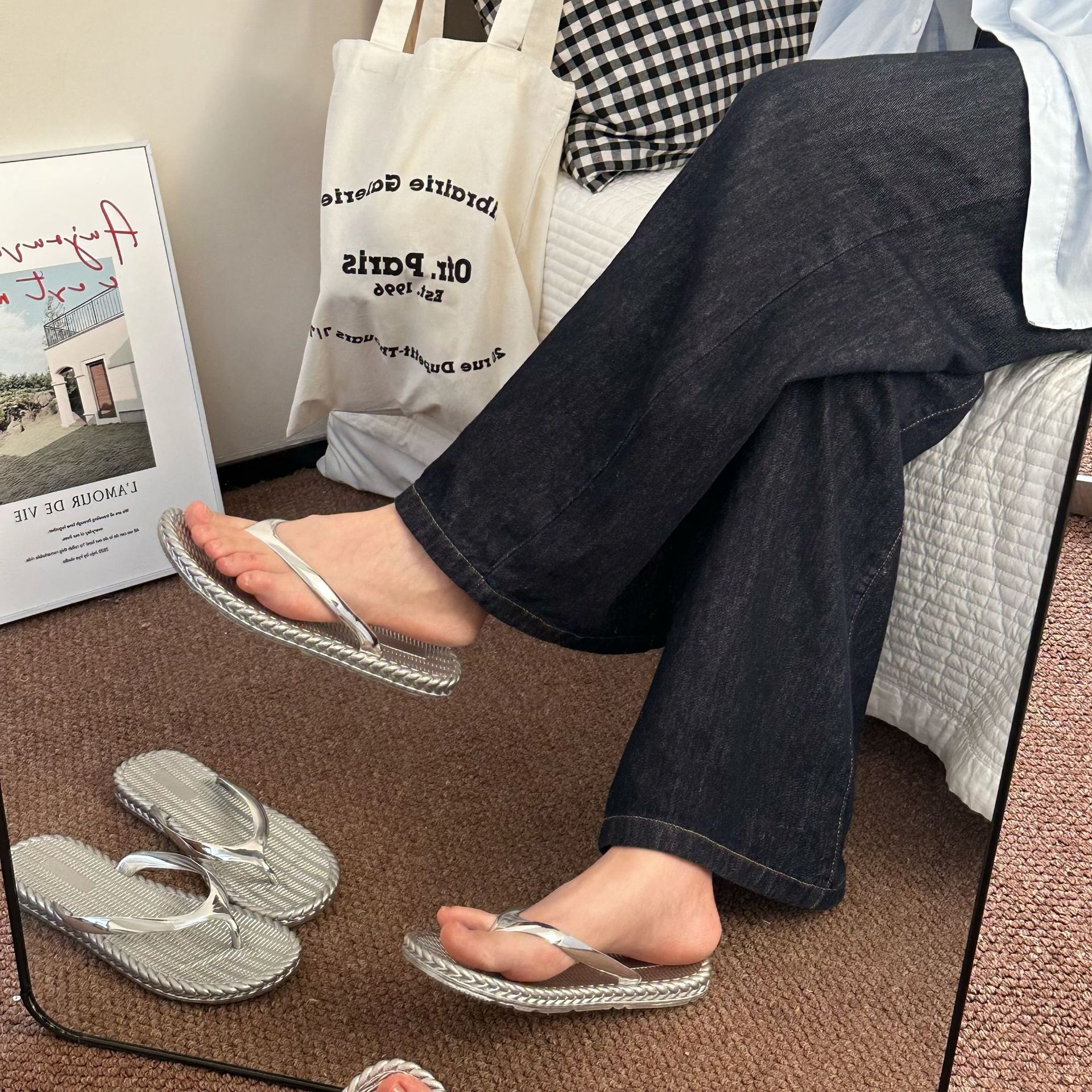 New glossy rattan flip-flops, flip-flops, women's fashion flip-flops, comfortable flat slippers, summer casual sandals Specification drawing