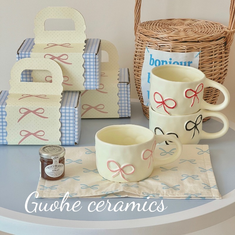 Bow mugs for girls, high appearance level, home breakfast cups, office ceramic water cups, couple cups, gift box set full figure