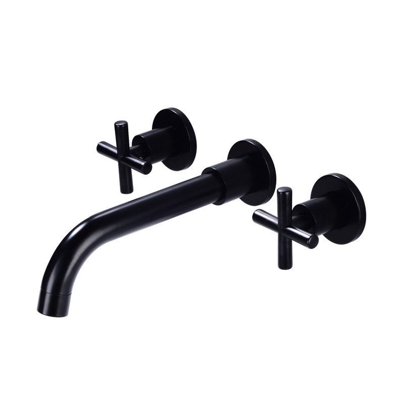 All-copper concealed washbasin faucet, split double-handle wall-mounted three-hole cold and hot water washbasin faucet, black bathtub faucet Item Picture