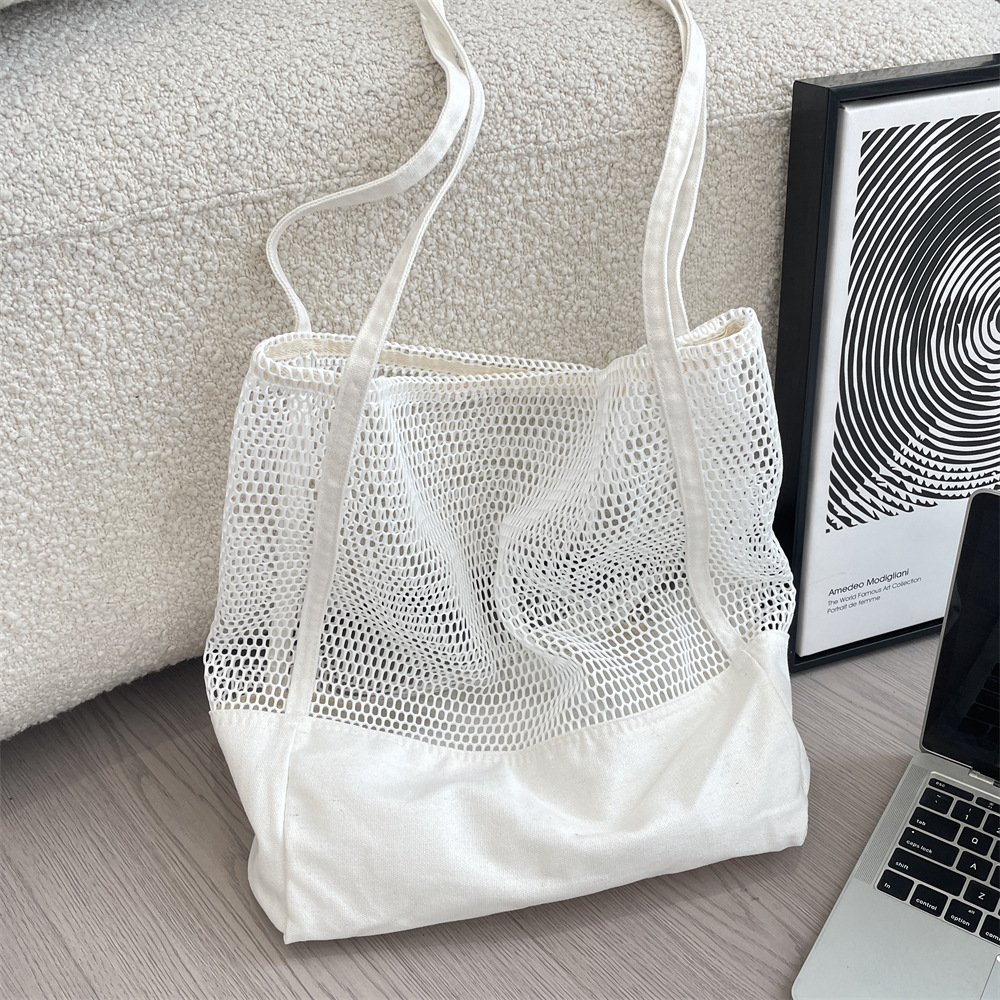 55211 Solid color hollowed-out large-capacity tote bag, mesh travel beach bag, single-shoulder bag, canvas shopping bag for women Specification drawing