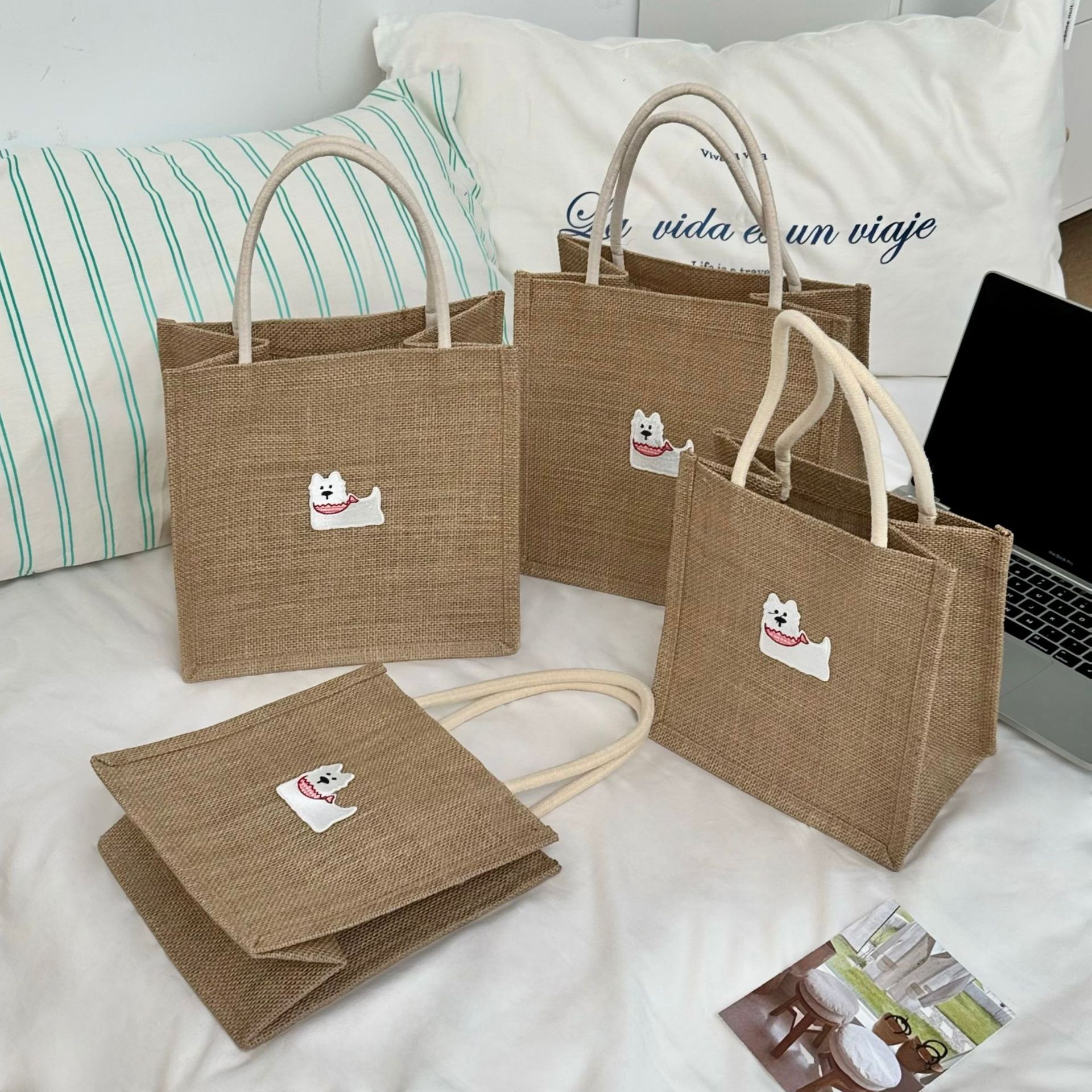 Bib bag, dog, jute bag, storage bag, female summer student, tote cotton and linen bag, shopping bag, handbag, lunch box storage bag full figure
