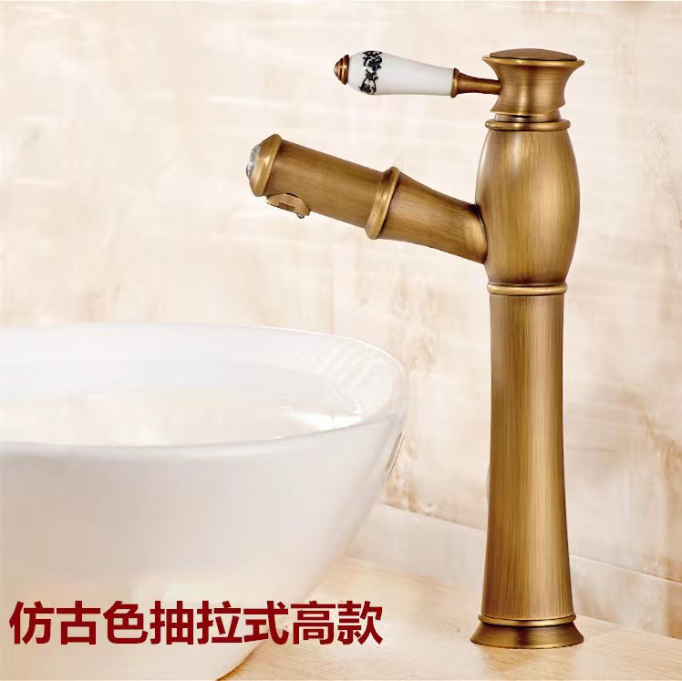 Pull-out kitchen hot and cold water faucets, splash-proof washing basins, bowls and sinks, household telescopic rotating sink, antique copper faucet Specification drawing