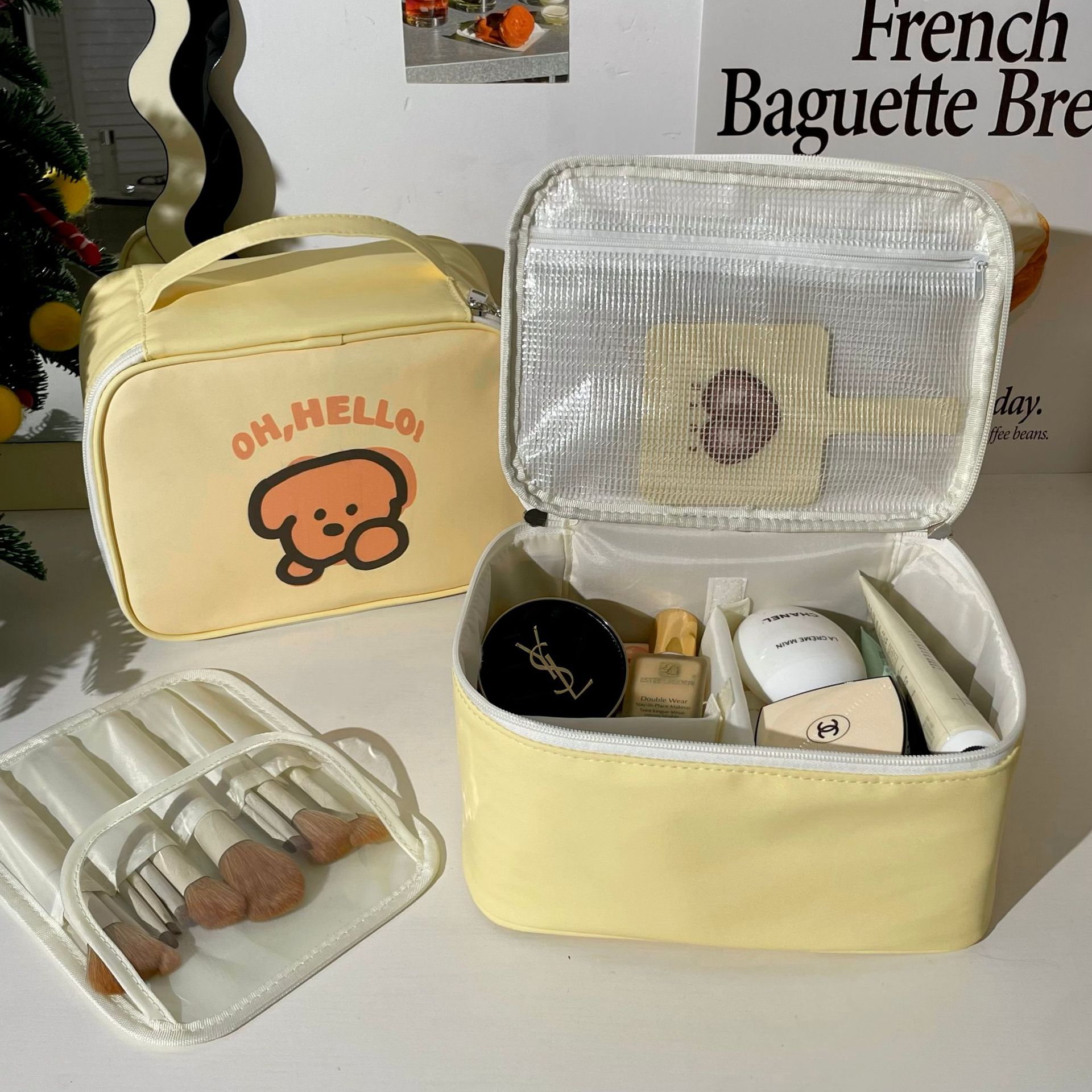 hello Puppy Makeup Bag, Portable large-capacity business travel toiletries bag, hand-held compartments Makeup bag, storage bag Specification drawing