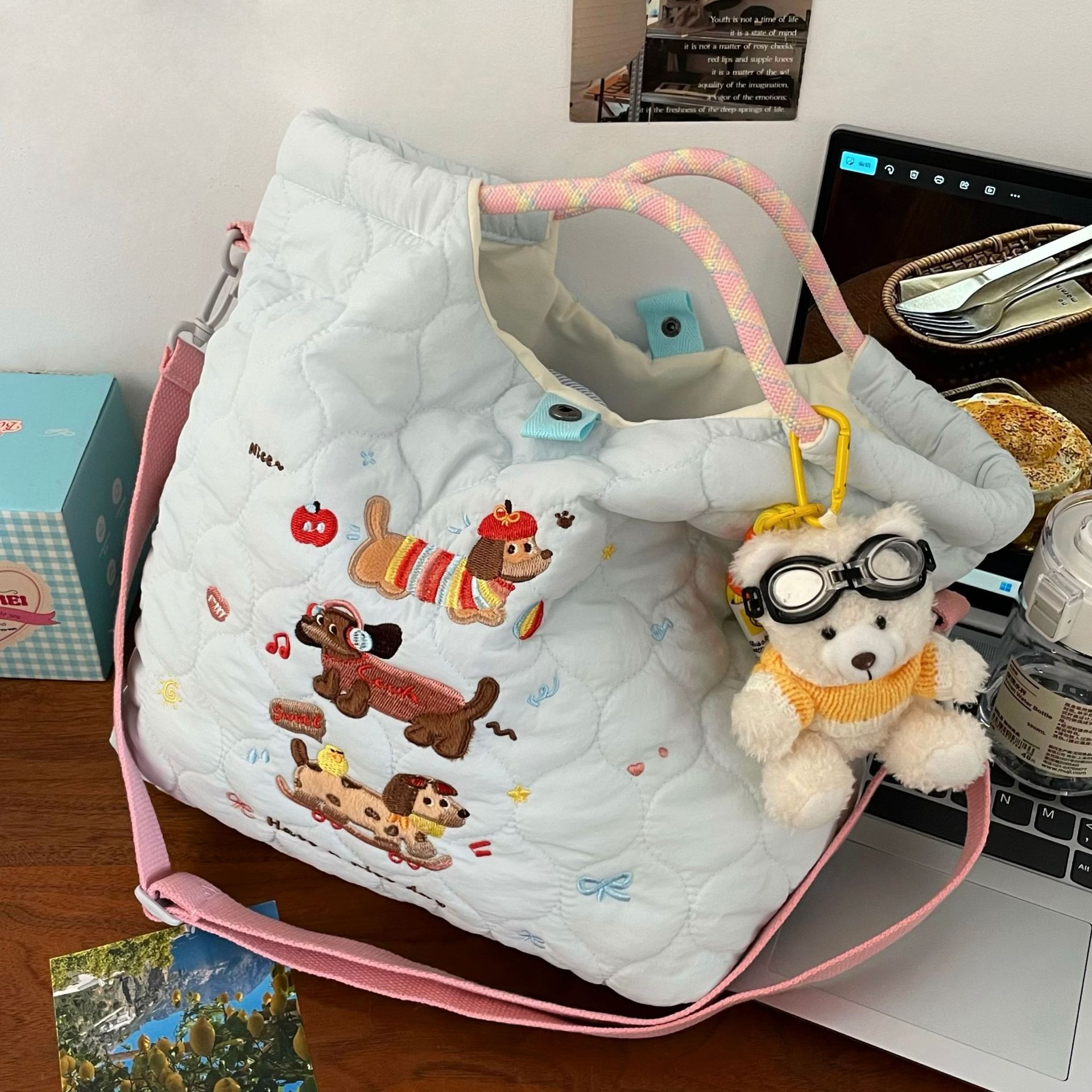 Cartoon-embroidered, soft and cute dog crossbody bag, large-capacity single-shoulder bag for spring travel, commuter bag and hand-held bag Application Scenario