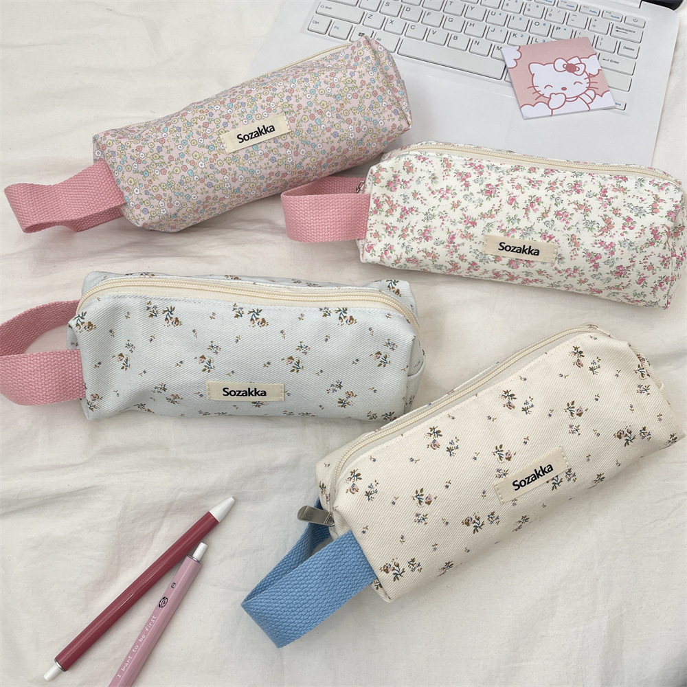 54245 High-appearance-level floral print hand-held pen case for female students, portable large-capacity stationery bag, pencil case storage bag details Picture