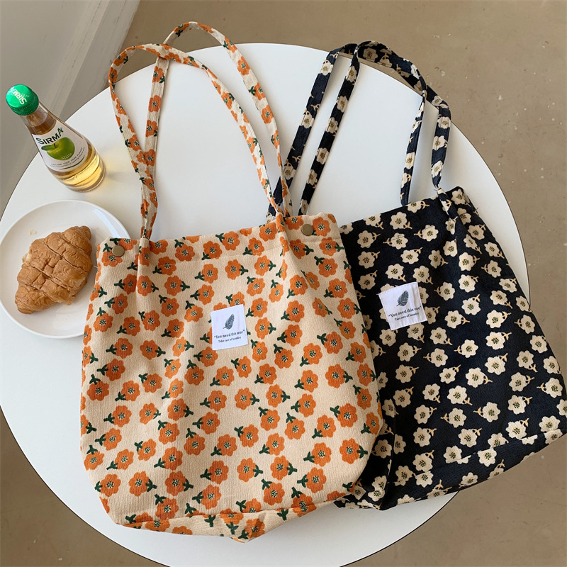 012174 Wholesale Korean-style corduroy four-button women's bags, large-capacity artistic single-shoulder bags, student shopping bags for women details Picture