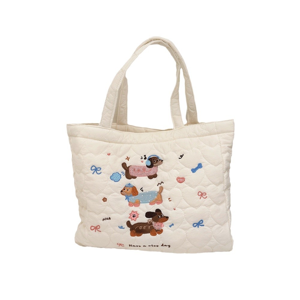 49243 Cute Little cat embroidered handbag, Korean ins quilted tote bag, women's shopping bag for shopping, Mommy bag Item Picture