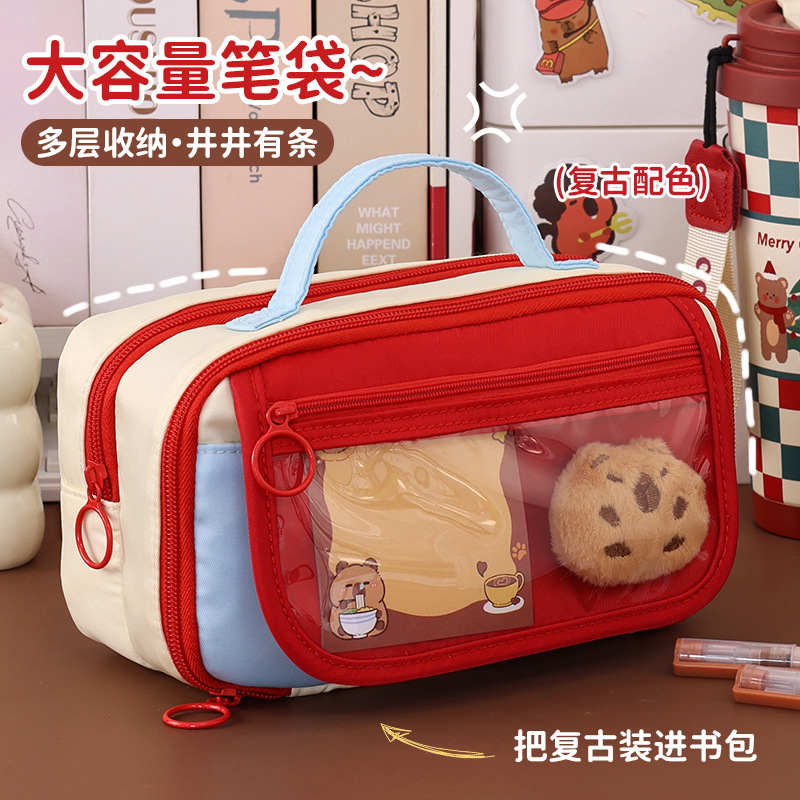 New cross-border retro hand-held large-capacity pencil case, high appearance level for girls, InS-style stationery box, primary school student stationery box full figure