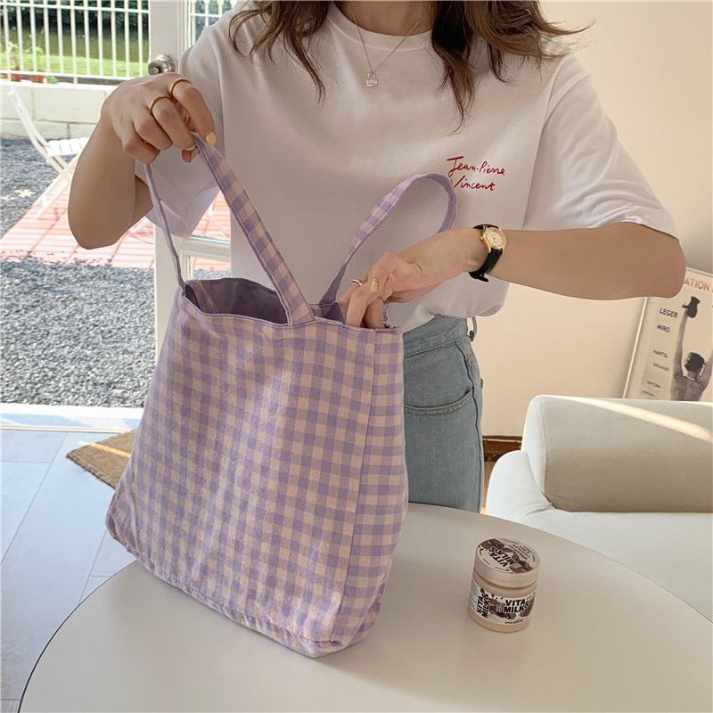 Wholesale of 12254 Japanese and Korean style double-bread simple checkered single-shoulder bag for student girls and casual dual-purpose canvas bag details Picture