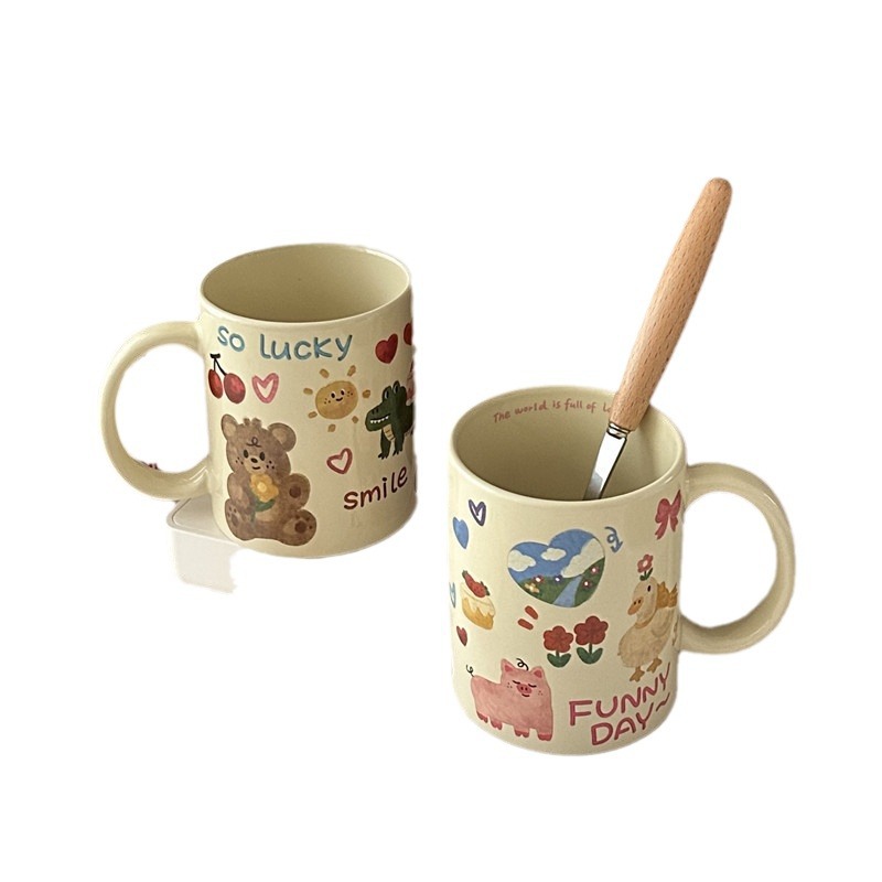 Cartoon graffiti ceramic cup, Korean-style ins cute and fun breakfast cup, coffee cup, large-capacity mug, gift box set Item Picture