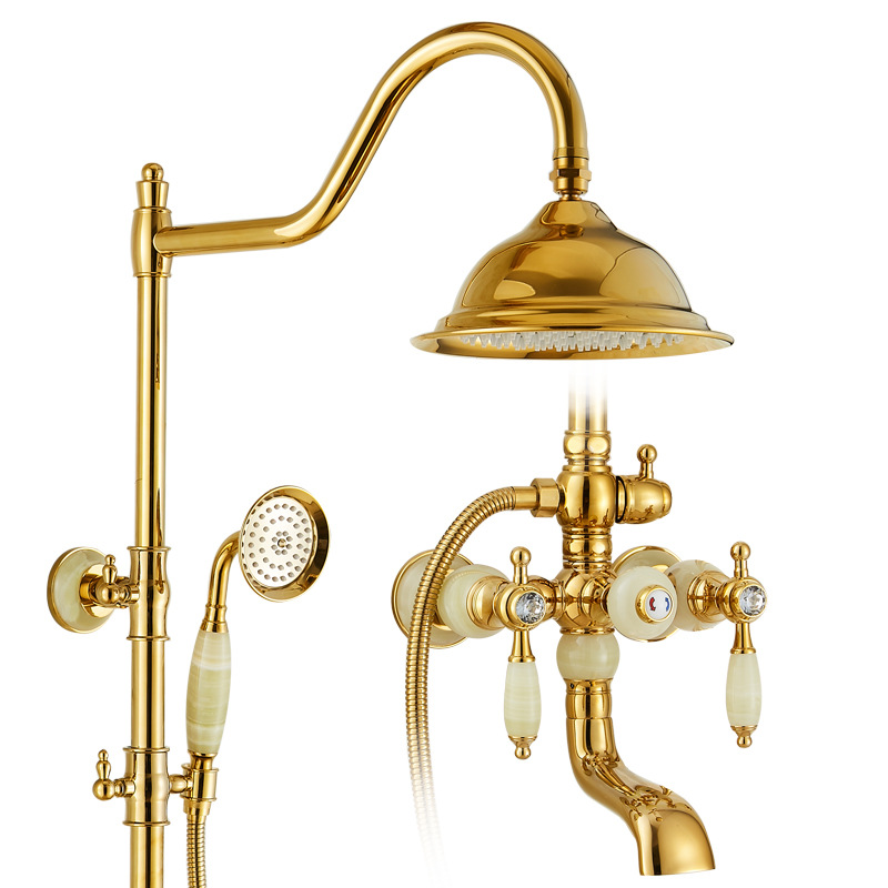 European-style shower head set, golden lapis lazuli marble shower head, antique faucet, all-copper mixing valve, retro style Item Picture