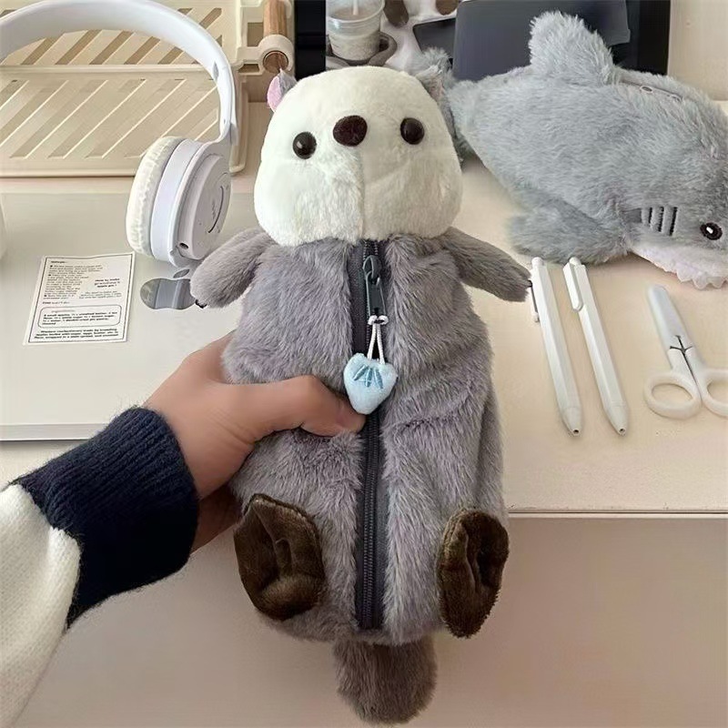 Cute Animal Series Collection: pen case, ins plush stationery box, student stationery storage bag, cartoon doll, sea otter full figure