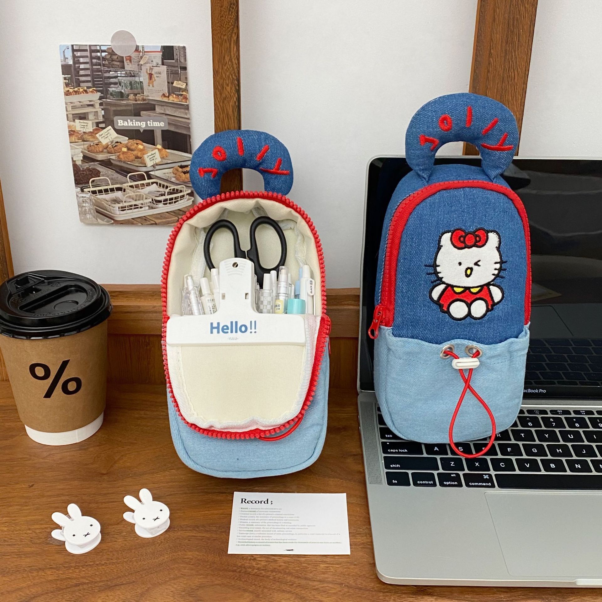 Original cartoon cat denim pen case, ins style, high school student large-capacity hand-held stationery box, standing stationery full figure