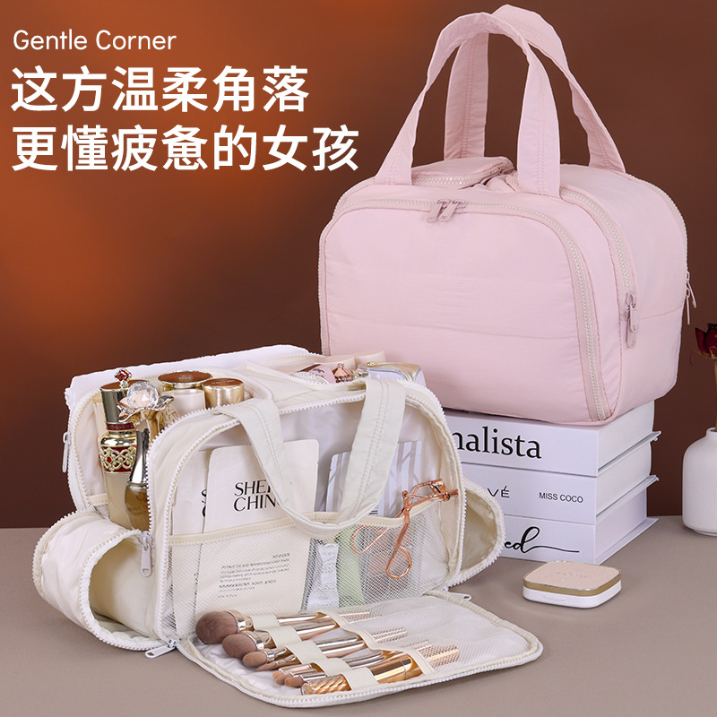 Double-zipper, four-opening, stretchable suitcase, large makeup bag, zoned storage, makeup brush storage bag, toiletries bag Application Scenario