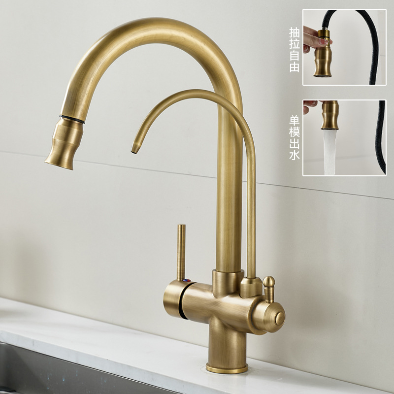 Kitchen pull-out hot and cold water faucets, washbasin, telescopic rotating sink, sink, splash-proof antique copper faucet Specification drawing