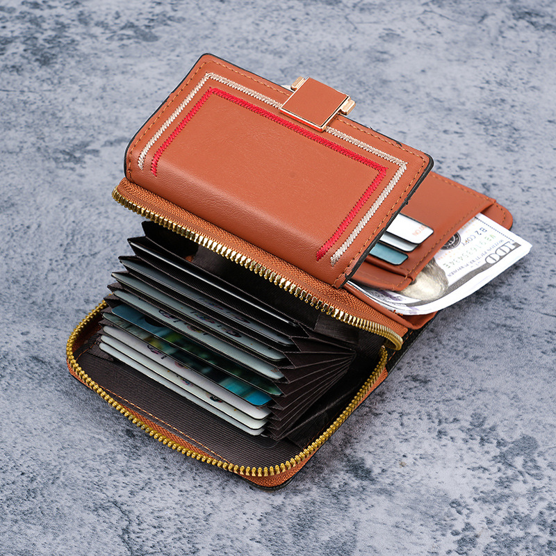 Cross-border retro Internet celebrity leather case women's multi-slot organ card case zipper short women's wallet women wallet details Picture