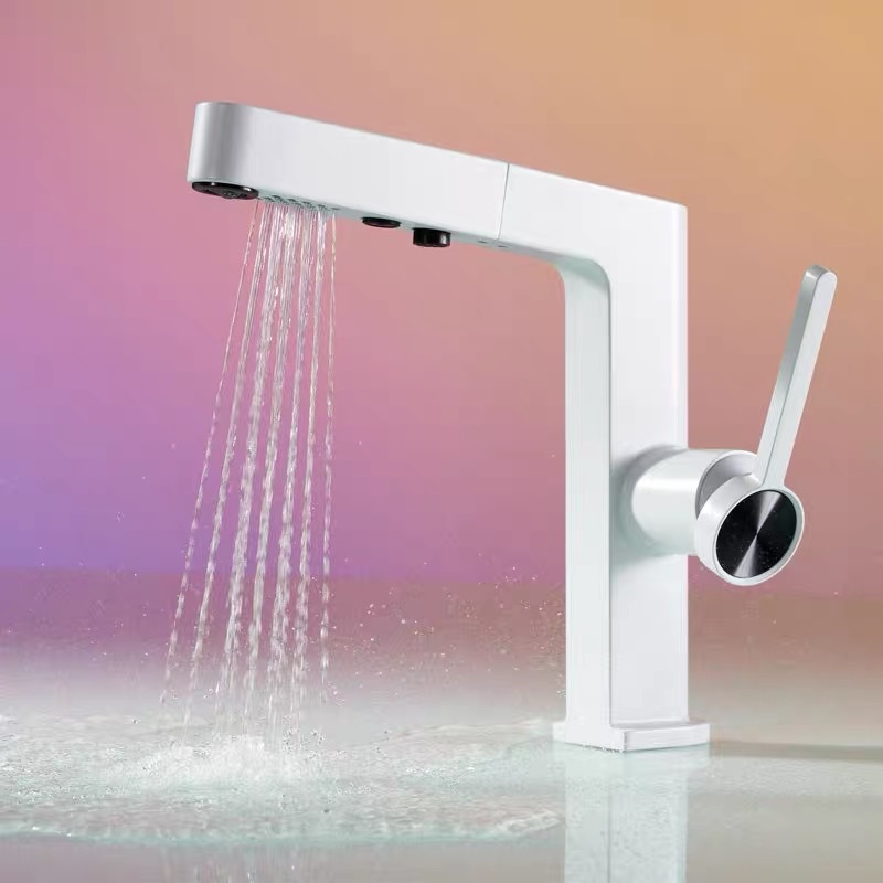 All-copper white smart pull-out washbasin faucet, washbasin, washbasin, countertop, household digital display cold and hot water faucet details Picture