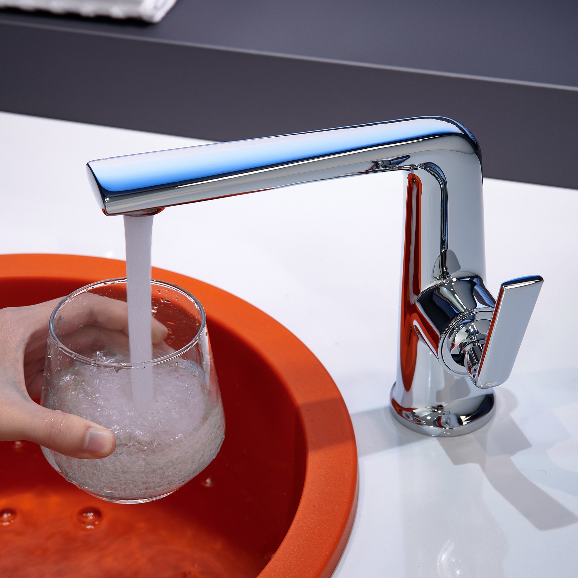 Washbasin, countertop faucet, full copper gun, grey bathroom, black washbasin, upper and lower basin, bathroom cabinet, washbasin Application Scenario