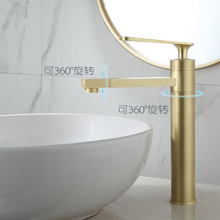 Wholesale of Nordic brushed gold washbasin faucet, single-hole rotatable hot and cold bathroom faucet, brass full figure