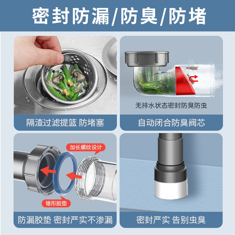 Kitchen drainpipe set, stainless steel sink accessories, dishwashing trough, drainage channel, double-trough sink, anti-odor drain details Picture