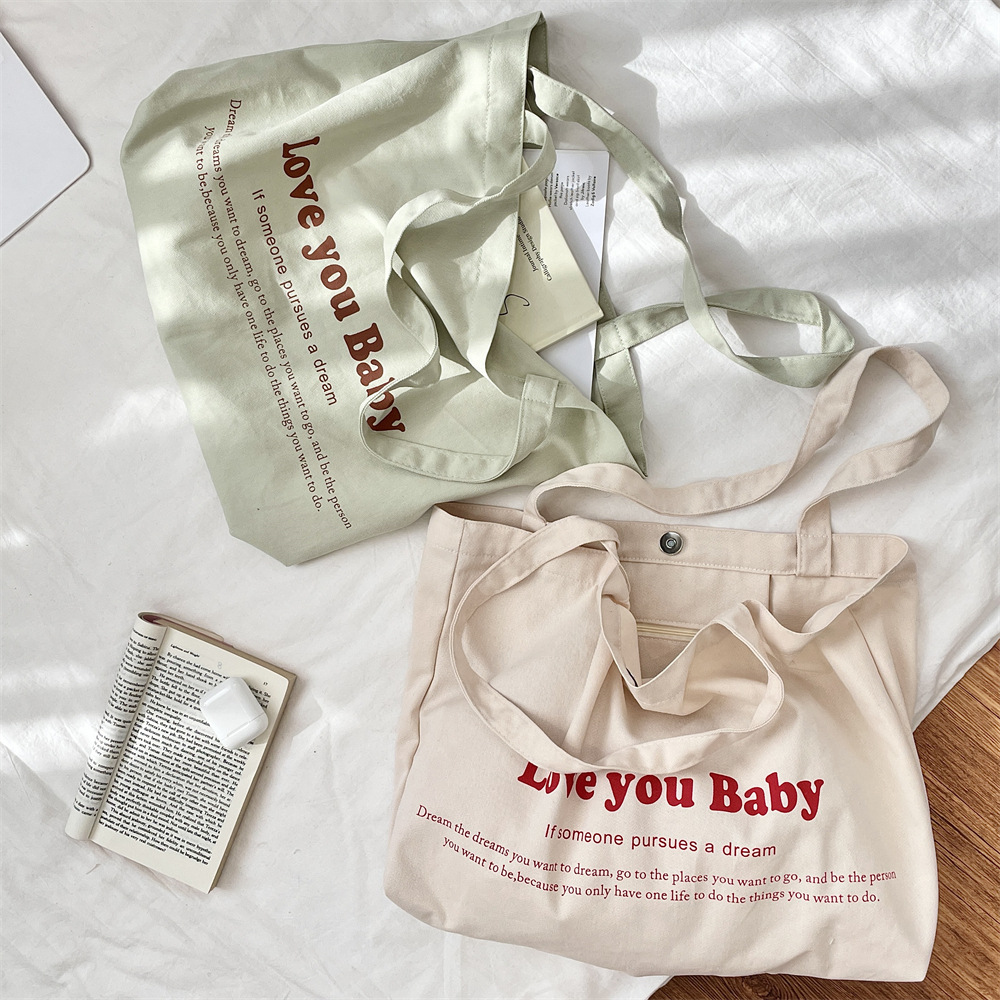 53142 Korean-style letter-printed canvas bag, a niche large-capacity commuter single-shoulder tote bag, suitable for carrying and shopping on one shoulder details Picture