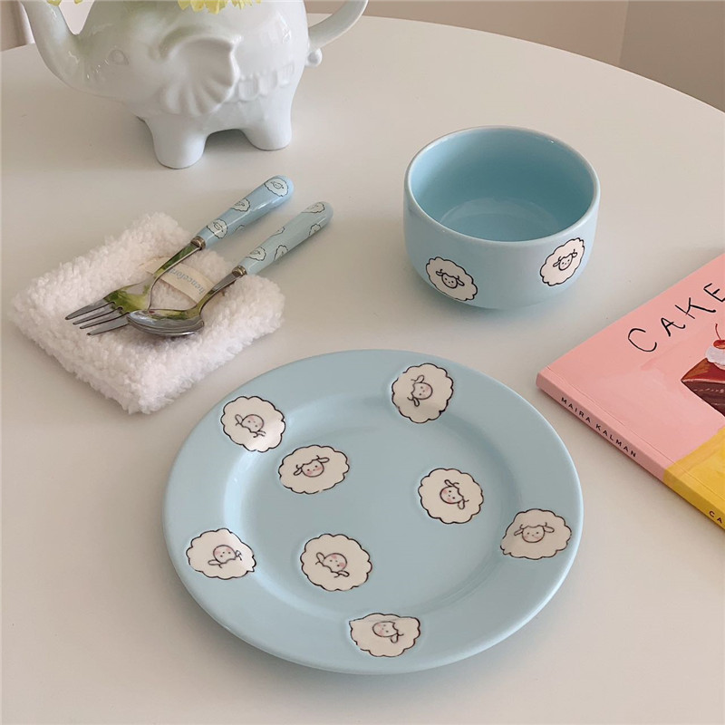 Cute cartoon blue lamb ceramic bowl, dessert bowl, girlish salad bowl, household ceramic plate set tableware details Picture