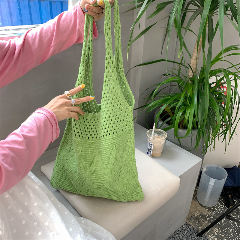 36281 Korean ins solid color diamond-shaped tote bag, hollowed-out knitted woolen bag, casual underarm bag, single-shoulder bag Specification drawing