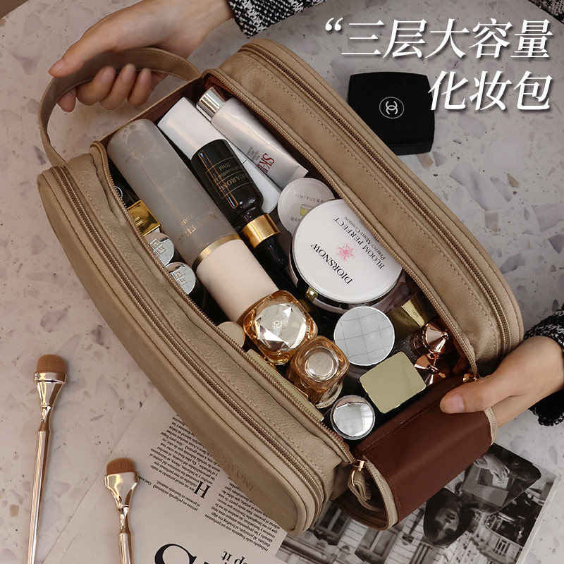 New portable and high-end pu large-capacity toiletry bag with double zipper for travel and outings, waterproof storage bag details Picture