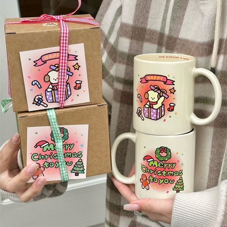ins cute ceramic cups, cartoon cream-colored mugs, water cups, milk breakfast cups, coffee cups, Christmas gifts details Picture